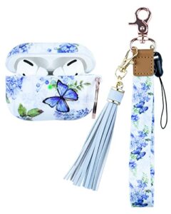 airpod pro case with wristlet keychain wrist lanyard, oulraefs hard airpods pro case cute protective case cover with key lanyard for airpods pro 2019, gifts for women girls, butterfly