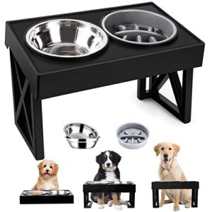 elevated dog bowls for large dogs, medium and small, 10° tilted 3 adjustable heights raised dog bowl stand with 1 slow feeder dog bowl & 2 stainless steel dog bowls,elevated slow feeder dog bowls