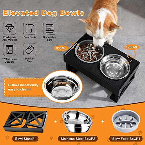 Elevated Dog Bowls for Large Dogs, Medium and Small, 10° Tilted 3 Adjustable Heights Raised Dog Bowl Stand with 1 Slow Feeder Dog Bowl & 2 Stainless Steel Dog Bowls,Elevated Slow Feeder Dog Bowls