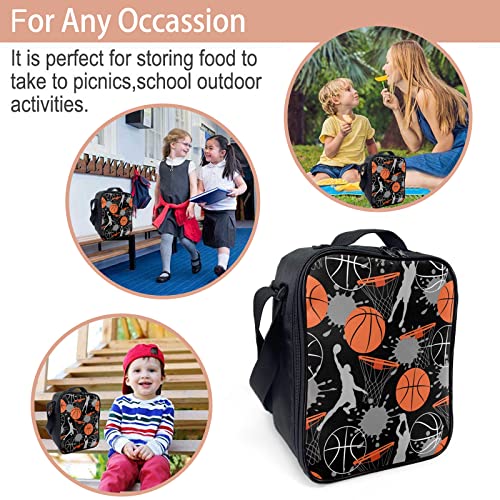 CEZEHAJI Kids Lunch Box, Insulated Lunch Bag for Girls&Boys, Basketball Lunch Bag with Shoulder Strap, School Bento Lunch Box for Kids Toddlers Teens, Black Reusable Cooler Thermal Meal Tote Kit