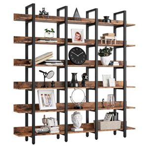 ironck bookcase and bookshelves triple wide 6-tiers large open shelves, etagere bookcases with back fence for home office decor, easy assembly, vintage brown
