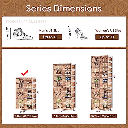 BINSIO Shoe Rack Closet Organizer and Storage, Portable Shoe Rack for Entry Way, Foldable Shoe Boxes, Fast Easy Assemble Shoe Cabinet, One Piece Sturdy Plastic Shoe Shelf, Clear Brown Doors, 6 Tiers