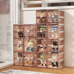 BINSIO Shoe Rack Closet Organizer and Storage, Portable Shoe Rack for Entry Way, Foldable Shoe Boxes, Fast Easy Assemble Shoe Cabinet, One Piece Sturdy Plastic Shoe Shelf, Clear Brown Doors, 6 Tiers