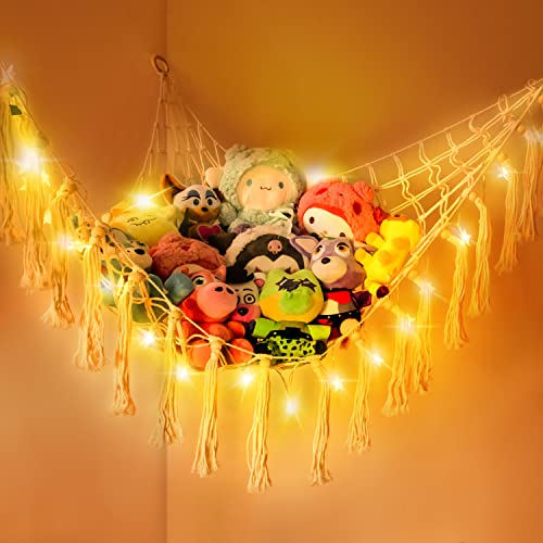 Auksay Stuffed Animal Net or Hammock with Star Light,Plush Toy Triangle Hanging Storage Net,Stuffed Animal Storage Stand with Hooks,Hanging Storage Net for Kids Room Decoration Girl Plush Toys-White