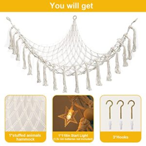 Auksay Stuffed Animal Net or Hammock with Star Light,Plush Toy Triangle Hanging Storage Net,Stuffed Animal Storage Stand with Hooks,Hanging Storage Net for Kids Room Decoration Girl Plush Toys-White