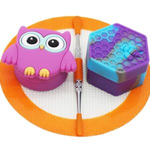 Vitakiwi Wax Silicone Container 26ml Hexagon 11ml Owl with 4.98" Round Mat and 4.8" Stainless Steel Carving Tool (Purple)