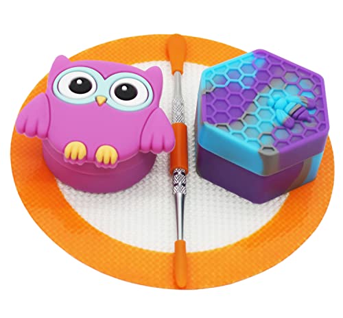 Vitakiwi Wax Silicone Container 26ml Hexagon 11ml Owl with 4.98" Round Mat and 4.8" Stainless Steel Carving Tool (Purple)