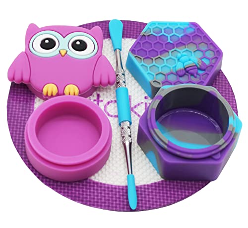 Vitakiwi Wax Silicone Container 26ml Hexagon 11ml Owl with 4.98" Round Mat and 4.8" Stainless Steel Carving Tool (Purple)