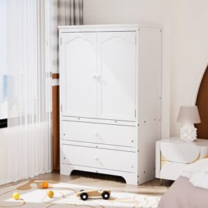 rophefx 2 door kids wardrobe with 2 storage drawers, bedroom armoire with adjustable shelf and hanging rod, clothes hanging storage rack, white