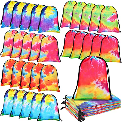 Zhengmy Tie Dye Party Birthday Gift Bags 10 x 7 Inch Treat Goodie Drawstring Favor for Kids Supplies Candy Beach Luau (Graffiti Style, 24 Pack)