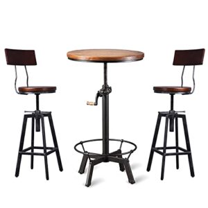 fubiruo 3 piece industrial adjustable bar table set, kitchen counter height dining table with 2 stools,machinist bar table and chairs set, bar height bistro table and swivel pub stools pub table set