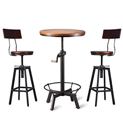 FUBIRUO 3 Piece Industrial Adjustable Bar Table Set, Kitchen Counter Height Dining Table with 2 Stools,Machinist Bar Table and Chairs Set, Bar Height Bistro Table and Swivel Pub Stools Pub Table Set