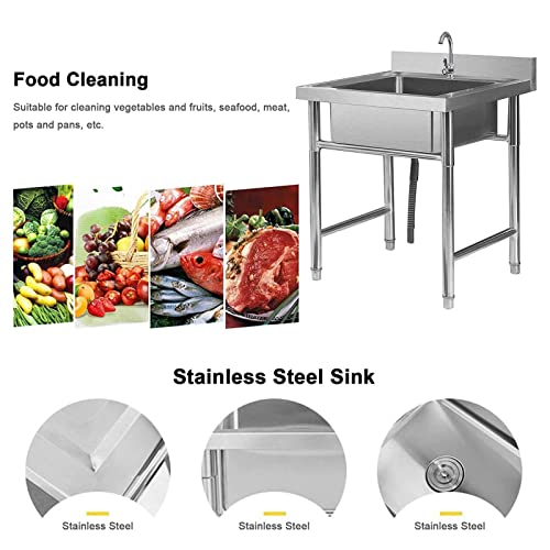 WDNMDY Free Standing 201 Stainless Steel Commercial Sink with Faucet Utility Sink Outdoor Sink Single Bowl Laundry Utility Room Sinks for Indoor Bathroom Restaurant, 60*60*80cm