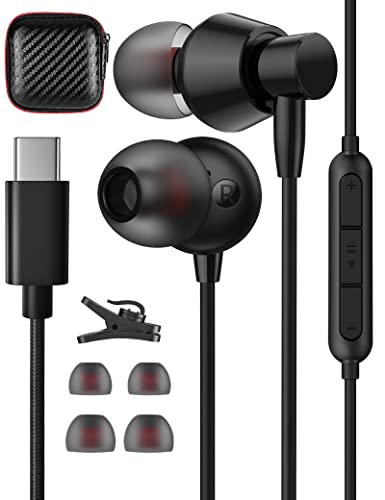 USB Type C Headphones in-Ear Earphones USB C Wired Earbuds with Mic Volume Control Crisp Sound Bass for Samsung Galaxy S23 S22 S21 S20 Ultra Note 10+ A53 Z Flip4 Fold4,iPad Pro Air,Pixel 7 6 Pro 6a 5