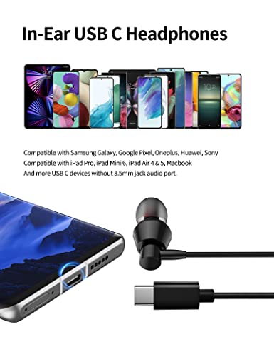 USB Type C Headphones in-Ear Earphones USB C Wired Earbuds with Mic Volume Control Crisp Sound Bass for Samsung Galaxy S23 S22 S21 S20 Ultra Note 10+ A53 Z Flip4 Fold4,iPad Pro Air,Pixel 7 6 Pro 6a 5