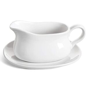 le tauci 17oz gravy boat with saucer stand, set of 1, ceramic sauce boat with tray for salad dressings, creamer, broth, black pepper, white