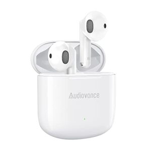 audiovance nt301 earbuds, wireless headphones bluetooth ear buds for iphone and android, comfort fit, premium sound, clear calls, wireless charging, waterproof, 23h battery earphones (white)