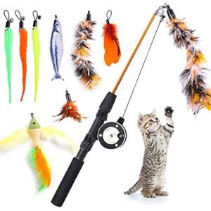 9 pcs cat fishing pole toy, retractable cat feather toys with cat wand plush fish worm feathers with bells catnip interactive cat teaser toys for kitten cat