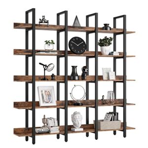 ironck bookcase and bookshelves triple wide 5 tiers large open shelves, etagere bookcases with back fence for home office decor, easy assembly, vintage brown