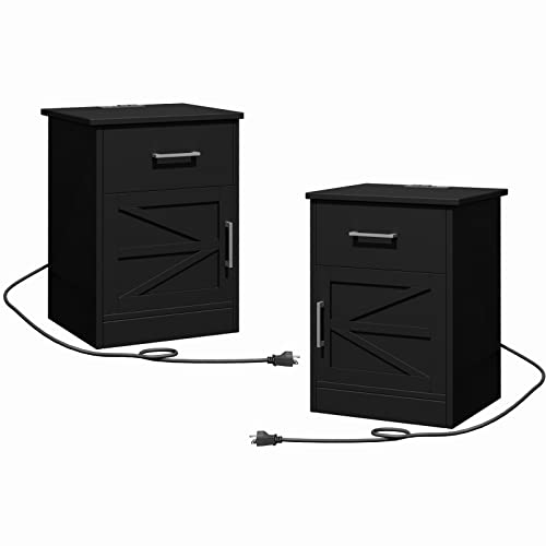 Reettic Set of 2 Nightstand with Charging Station and USB Ports & Power Outlets, Side Table with Drawer and Storage Cabinet, Sofa End Table for Bedroom, Office, Black RCTG106BE02