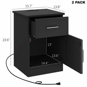 Reettic Set of 2 Nightstand with Charging Station and USB Ports & Power Outlets, Side Table with Drawer and Storage Cabinet, Sofa End Table for Bedroom, Office, Black RCTG106BE02