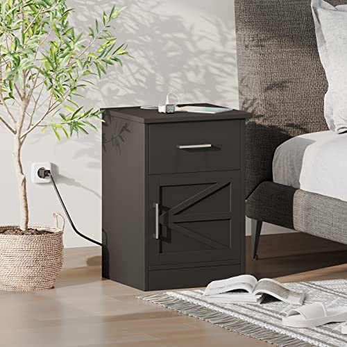 Reettic Set of 2 Nightstand with Charging Station and USB Ports & Power Outlets, Side Table with Drawer and Storage Cabinet, Sofa End Table for Bedroom, Office, Black RCTG106BE02