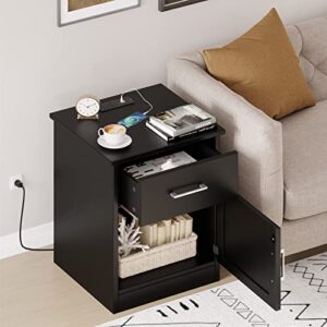 Reettic Set of 2 Nightstand with Charging Station and USB Ports & Power Outlets, Side Table with Drawer and Storage Cabinet, Sofa End Table for Bedroom, Office, Black RCTG106BE02