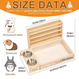 Rabbit Hay Feeder with Litter Box and Bowls, 3 in 1 Wooden Feeder Toilet Combo Feeding Manger for Small Pets Guinea Pig Bunny Hamster, Hay Rack Litter Pan Bowls Stand Plastic Box 2 Bowls, Kiln-Dried