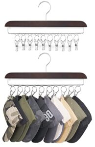 mkono hat hangers for closet set of 2 wooden hat organizer racks for baseball caps with 20 stainless steel clips, baseball hat holder for closet storage, fits all caps, walnut color
