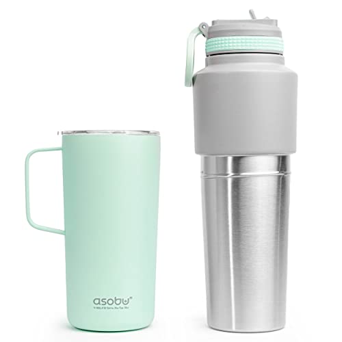 Asobu Insulated Water Bottle Flask with Straw Lid 30 Ounce and Insulated Stainless Steel Coffee 20 Ounce Mug Attached Twin Pack (Mint)