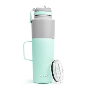 Asobu Insulated Water Bottle Flask with Straw Lid 30 Ounce and Insulated Stainless Steel Coffee 20 Ounce Mug Attached Twin Pack (Mint)