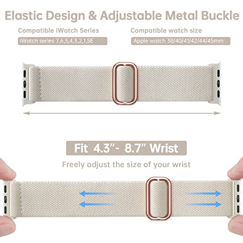 Stretchy Nylon Solo Loop Band Compatible with Apple Watch Bands 38mm 40mm 41mm 42mm 44mm 45mm,Braided Sport Elastic Strap Wristbands for iWatch Apple Watch Series 8 7 6 SE 5 4 3 2 Women Men Starlight