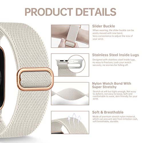 Stretchy Nylon Solo Loop Band Compatible with Apple Watch Bands 38mm 40mm 41mm 42mm 44mm 45mm,Braided Sport Elastic Strap Wristbands for iWatch Apple Watch Series 8 7 6 SE 5 4 3 2 Women Men Starlight