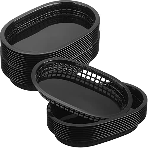 Potchen 60 Pack Fast Food Baskets for Serving, 10.5'' x 7'' Plastic Bread Oval Storage Basket Bin Service Tray Restaurant, Chip, Hot Dog, Burger, Sandwiches, BBQ, Picnic, Party (Black)