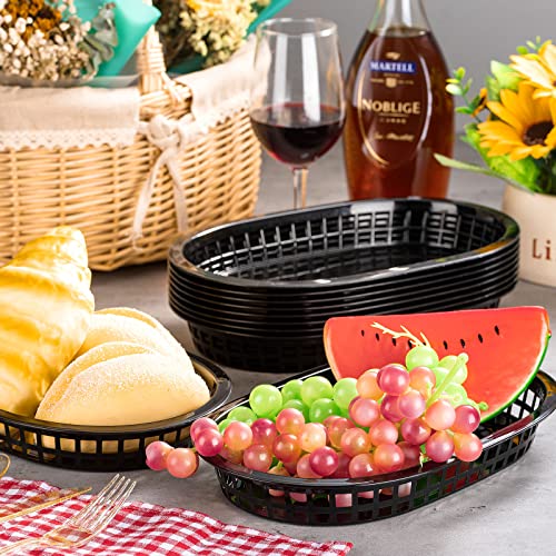 Potchen 60 Pack Fast Food Baskets for Serving, 10.5'' x 7'' Plastic Bread Oval Storage Basket Bin Service Tray Restaurant, Chip, Hot Dog, Burger, Sandwiches, BBQ, Picnic, Party (Black)