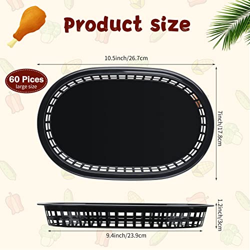Potchen 60 Pack Fast Food Baskets for Serving, 10.5'' x 7'' Plastic Bread Oval Storage Basket Bin Service Tray Restaurant, Chip, Hot Dog, Burger, Sandwiches, BBQ, Picnic, Party (Black)