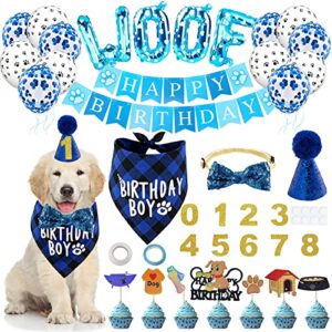 37 pack dog birthday party supplies, dog birthday boy bandana with dog birthday banner balloon pet birthday hat bowtie birthday number cake topper for pet doggie puppy birthday party decorations