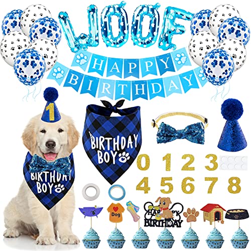 37 Pack Dog Birthday Party Supplies, Dog Birthday Boy Bandana with Dog Birthday Banner Balloon Pet Birthday Hat Bowtie Birthday Number Cake Topper for Pet Doggie Puppy Birthday Party Decorations