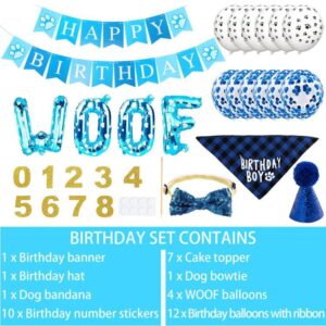 37 Pack Dog Birthday Party Supplies, Dog Birthday Boy Bandana with Dog Birthday Banner Balloon Pet Birthday Hat Bowtie Birthday Number Cake Topper for Pet Doggie Puppy Birthday Party Decorations