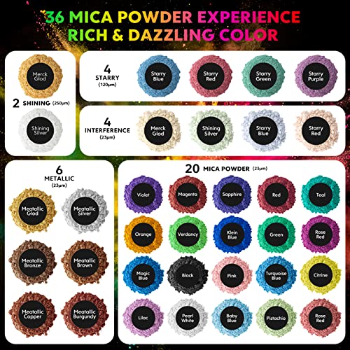 Mica Powder for Epoxy Resin - 𝟑𝟔 𝐂𝐨𝐥𝐨𝐫𝐬 Resin Color Pigment Powder, Cosmetic Grade Glitter Colorant Pearlescent Powder for Lip Gloss, Soap Making, Bath Bomb, Candle Dye, Slime