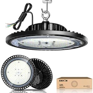 super bright ufo led high bay light 150w 22500lm (150lm/w) for shop/garage/barn/warehouse/factory/gym, daylight white 6000k-6500k, alternative to 300w mh/hps, 40in cable, safe rope, ip65 (watts, 150)