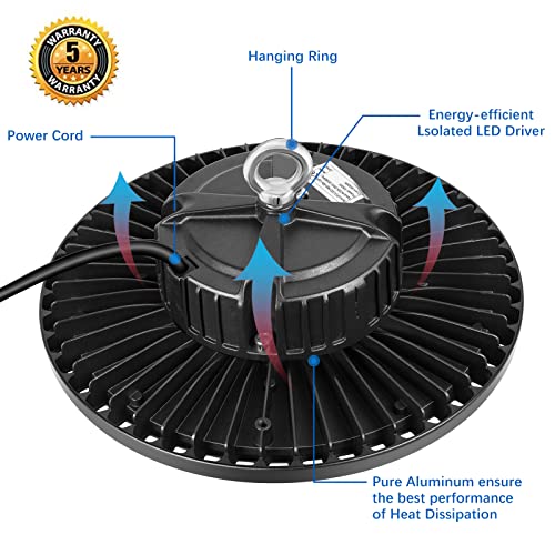 Super Bright UFO LED High Bay Light 150W 22500LM (150LM/W) for Shop/Garage/Barn/Warehouse/Factory/Gym, Daylight White 6000K-6500K, Alternative to 300W MH/HPS, 40in Cable, Safe Rope, IP65 (watts, 150)