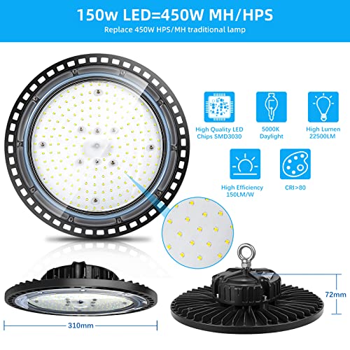 Super Bright UFO LED High Bay Light 150W 22500LM (150LM/W) for Shop/Garage/Barn/Warehouse/Factory/Gym, Daylight White 6000K-6500K, Alternative to 300W MH/HPS, 40in Cable, Safe Rope, IP65 (watts, 150)