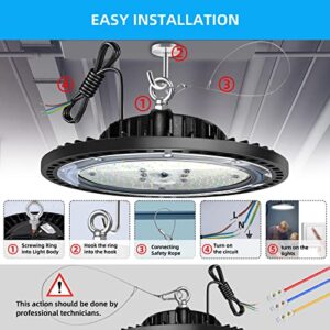 Super Bright UFO LED High Bay Light 150W 22500LM (150LM/W) for Shop/Garage/Barn/Warehouse/Factory/Gym, Daylight White 6000K-6500K, Alternative to 300W MH/HPS, 40in Cable, Safe Rope, IP65 (watts, 150)