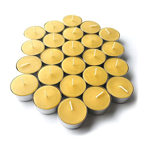 Pure Beeswax Tealights (Pack of 24) Unscented Tea Lights with Light & Natural Honey Scent - Decorative & Handmade Candles for Home, Wedding - 4 Hour Burn Time - Eco Friendly, Smokeless & Clean Burning