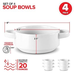 Modern Innovations 20 oz French Onion Soup Bowls with Handles in White (Set of 4) Oven and Microwave Safe Bowl, Stoneware Stackable, Large Ceramic Crocks, 2 Handle Crock