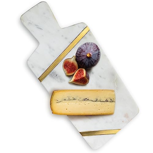 Cork & Mill Marble Cheese Board - Handcrafted Marble and Brass Charcuterie Board - Modern Decorative Kitchen Serving Platter - White Marble Cheese Tray with Gold Brass Accents - 15" Long Serving Board