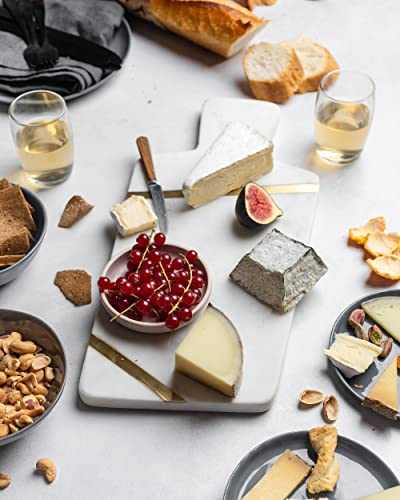 Cork & Mill Marble Cheese Board - Handcrafted Marble and Brass Charcuterie Board - Modern Decorative Kitchen Serving Platter - White Marble Cheese Tray with Gold Brass Accents - 15" Long Serving Board