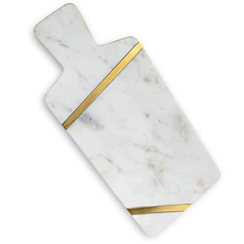 Cork & Mill Marble Cheese Board - Handcrafted Marble and Brass Charcuterie Board - Modern Decorative Kitchen Serving Platter - White Marble Cheese Tray with Gold Brass Accents - 15" Long Serving Board