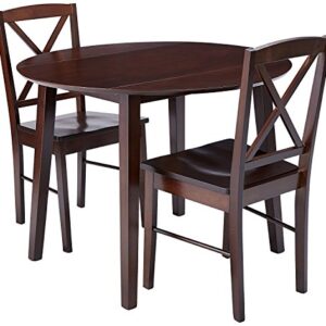 KB Designs - 3 Piece Kitchen Dining Set with Round Drop Leaf Dining Table & 2 Chairs, Cappuccino